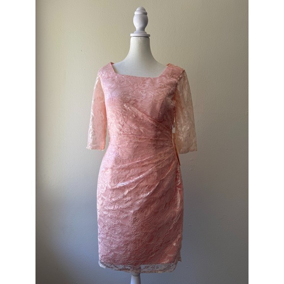 Dresses & Skirts - Mingda's Dress Womens Size‎ M Pink Lace Sheath Midi Ruched Elegant Party Wedding